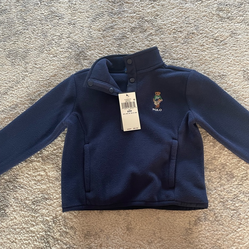NWT Polo Ralph Lauren Toddler Boys Fleece Sweater with half buttons - Navy Blue